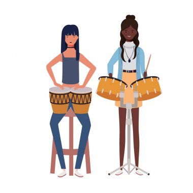 beyaz arka plan üzerinde müzik aletleri ile kadınlar