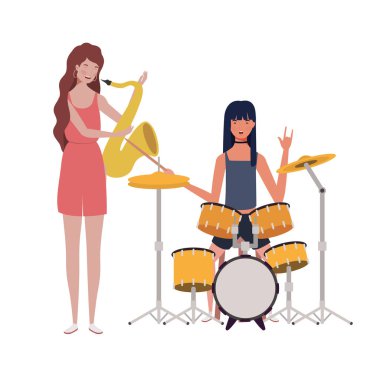 beyaz arka plan üzerinde müzik aletleri ile kadınlar