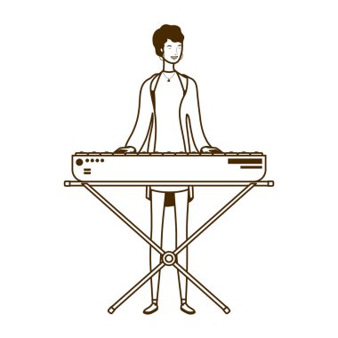 beyaz arka plan üzerinde piyano klavyeile kadın silueti