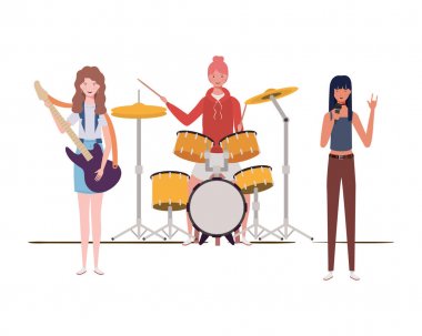 beyaz arka plan üzerinde müzik aletleri ile kadınlar