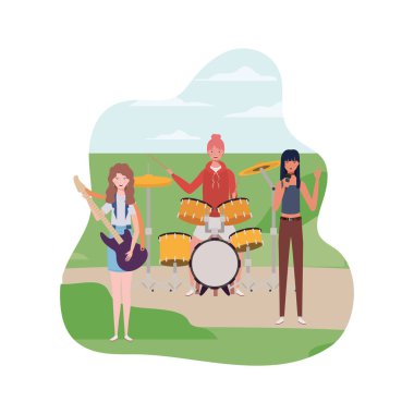 müzik aletleri ve arka plan manzara ile kadınlar