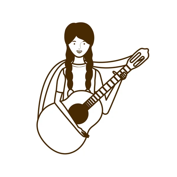 Silhueta de mulher com guitarra acústica sobre fundo branco — Vetor de Stock