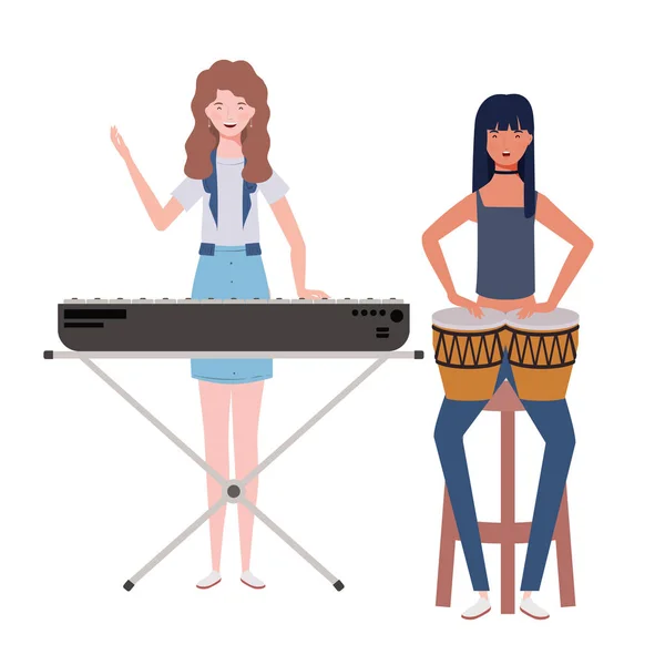 Mulheres com instrumentos musicais em fundo branco —  Vetores de Stock