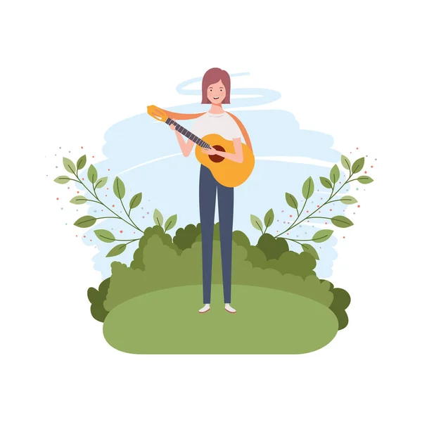 Mujer con guitarra acústica y ramas y hojas en el fondo — Vector de stock
