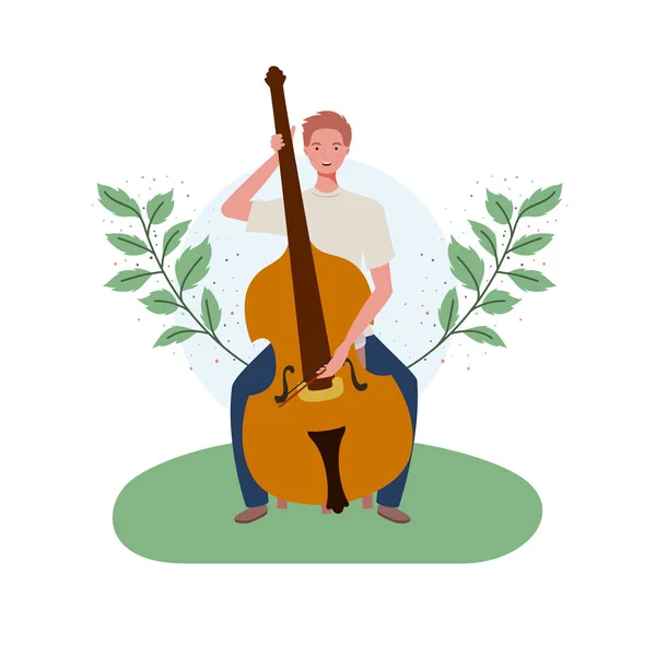 人与小提琴和树枝和叶子的背景 — 图库矢量图片