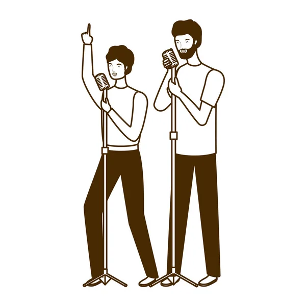 Silhouette di uomini con microfono su sfondo bianco — Vettoriale Stock
