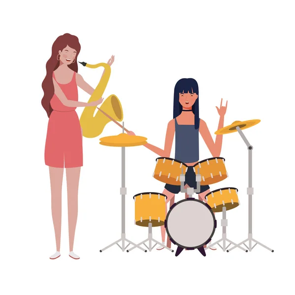 women with musicals instruments on white background