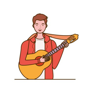 beyaz arka plan üzerinde akustik gitar ile adam