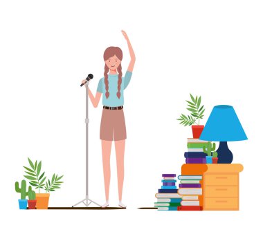 beyaz arka plan üzerinde standı ile mikrofon ile genç kadın