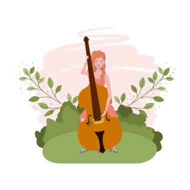 keman ve dalları ve arka planda yaprakları ile kadın