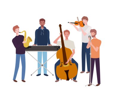 beyaz arka plan üzerinde müzik aletleri ile erkekler