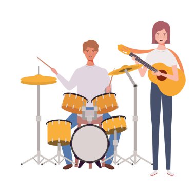 beyaz arka plan üzerinde müzik aletleri ile insanların çift