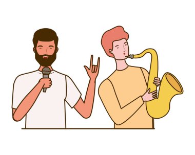 beyaz arka plan üzerinde müzik aletleri ile erkekler