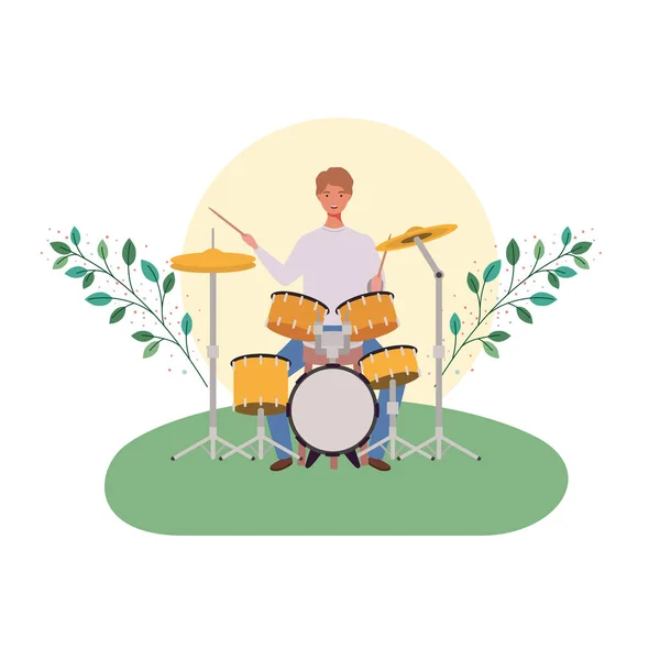 Homme avec kit tambour et branches et feuilles en arrière-plan — Image vectorielle