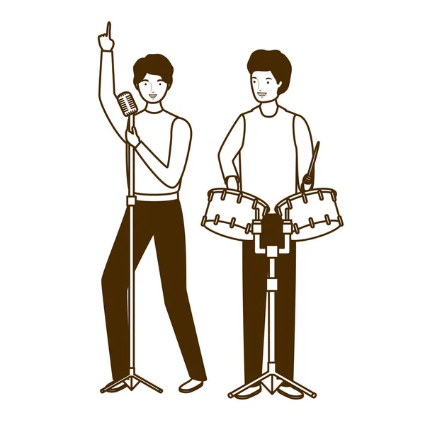 Silhouette d'hommes avec instruments de musique sur fond blanc — Image vectorielle