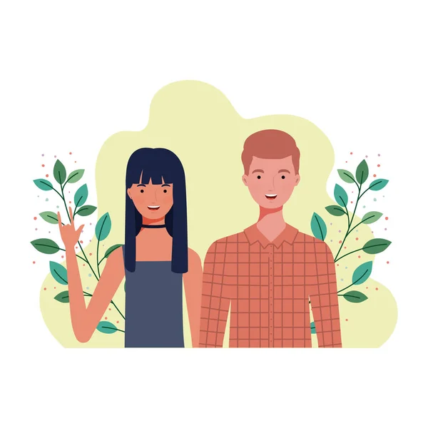 Pareja de personas con paisaje de ramas y hojas de fondo — Archivo Imágenes Vectoriales