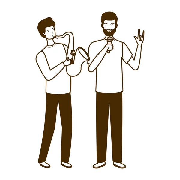 Silhouette di uomini con strumenti musicali su sfondo bianco — Vettoriale Stock