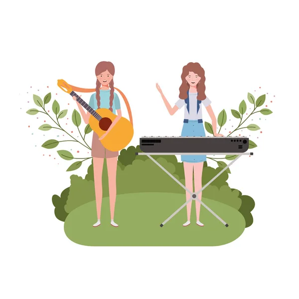 Women with musical instruments and background landscape — Stock Vector