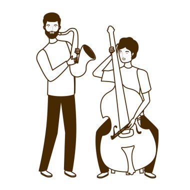 beyaz arka plan üzerinde müzik aletleri ile erkeklerin silueti