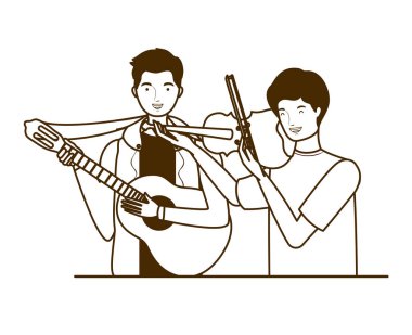 beyaz arka plan üzerinde müzik aletleri ile erkeklerin silueti