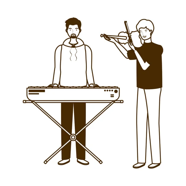 Silhouette di uomini con strumenti musicali su sfondo bianco — Vettoriale Stock