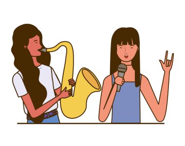 beyaz arka plan üzerinde müzik aletleri ile insanların çift