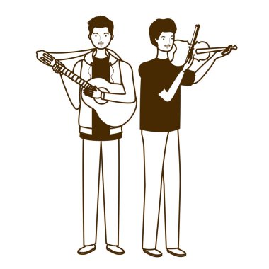 beyaz arka plan üzerinde müzik aletleri ile erkeklerin silueti