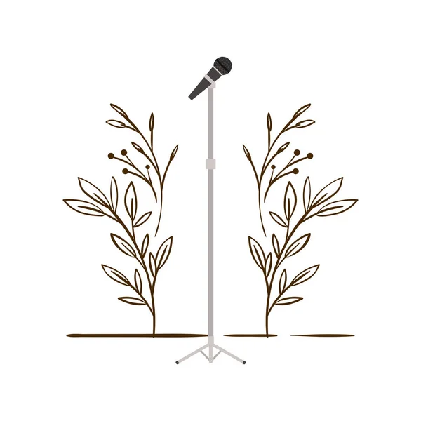 Мікрофон з підставкою з гілками і листям на задньому плані — стоковий вектор