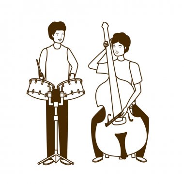 beyaz arka plan üzerinde müzik aletleri ile erkeklerin silueti