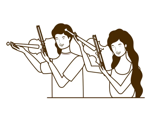 Paar Menschen mit Musikinstrumenten auf weißem Hintergrund — Stockvektor