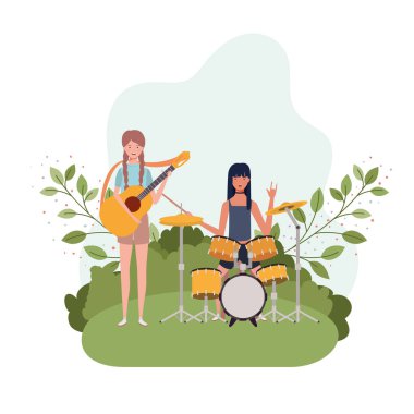 müzik aletleri ve arka plan manzara ile kadınlar