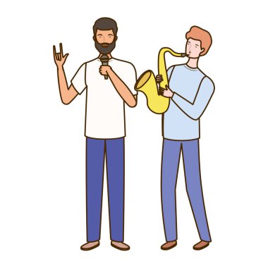 beyaz arka plan üzerinde müzik aletleri ile erkekler