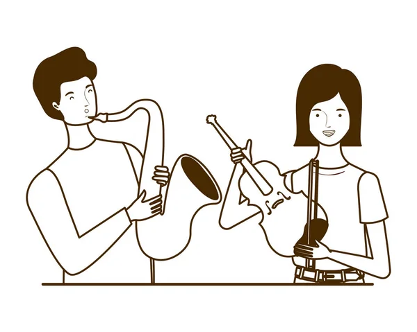 Coppia di persone con strumenti musicali su sfondo bianco — Vettoriale Stock