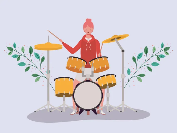 Woman playing battery drums character — Stock Vector