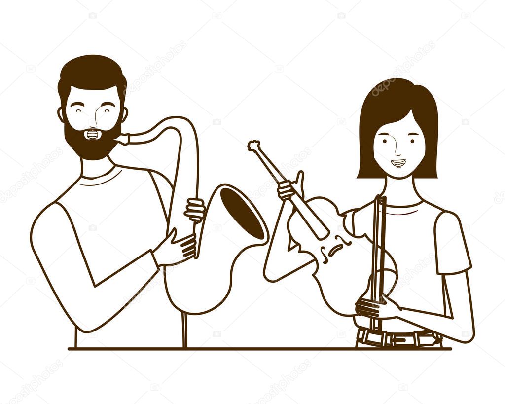 couple of people with musicals instruments on white background