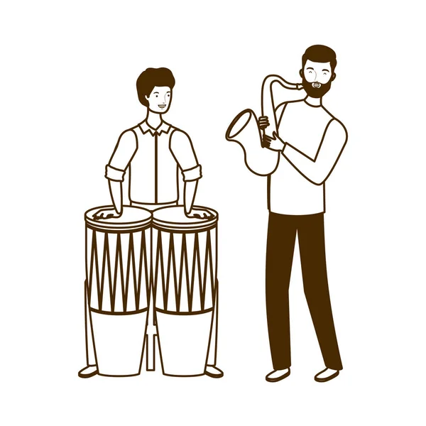 Silueta de hombres con instrumentos musicales sobre fondo blanco — Vector de stock