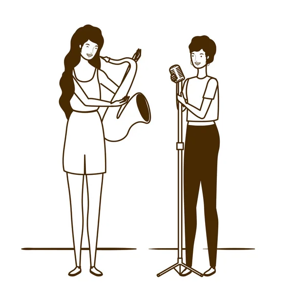 Silhouette di donne con strumenti musicali su sfondo bianco — Vettoriale Stock