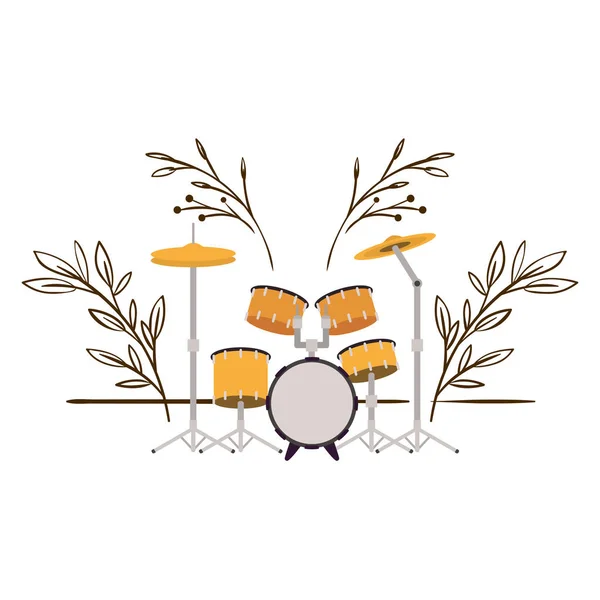 Schlagzeug mit Ästen und Blättern im Hintergrund — Stockvektor
