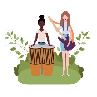 müzik aletleri ve arka plan manzara ile kadınlar