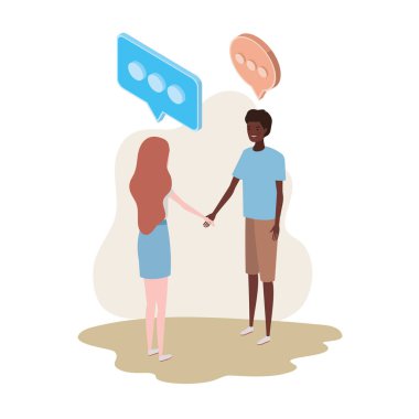 beyaz arka plan üzerinde konuşma balonu ile ayakta insanların çift