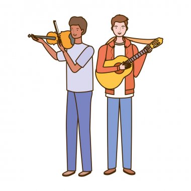 beyaz arka plan üzerinde müzik aletleri ile erkekler