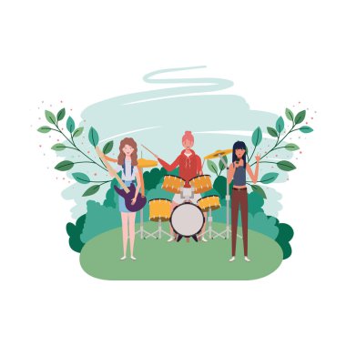 beyaz arka plan üzerinde müzik aletleri ile kadınlar