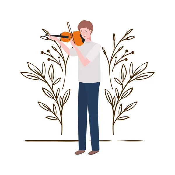 Hombre con violín y ramas y hojas en el fondo — Vector de stock