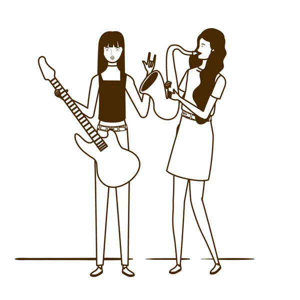 A nők sziluettje fehér alapon musicaleket tartalmazó hangszeren — Stock Vector