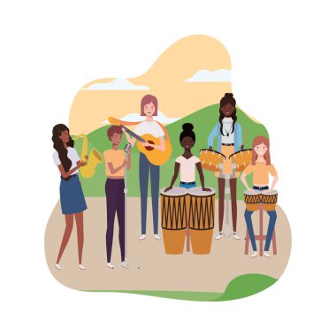 müzik aletleri ve arka plan manzara ile kadınlar