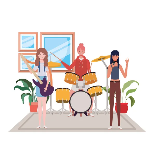 Kvinnor med musikaler instrument på vit bakgrund — Stock vektor