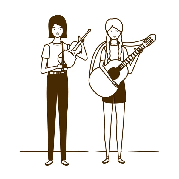 Silhouette de femmes avec instruments de musique sur fond blanc — Image vectorielle