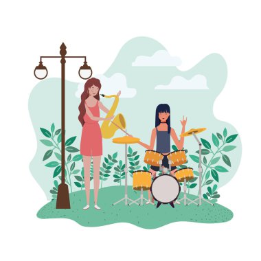 müzik aletleri ve arka plan manzara ile kadınlar