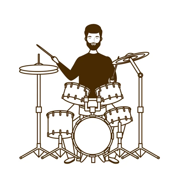 Silhouette d'homme avec kit tambour sur fond blanc — Image vectorielle