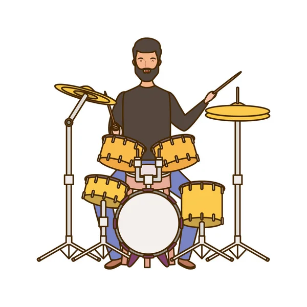 Young man with drum kit on white background — Stock Vector